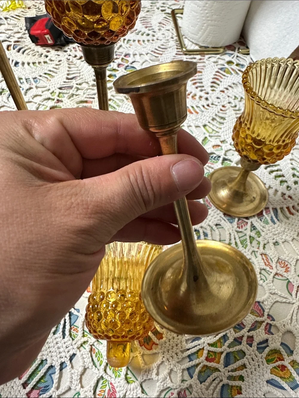 Amber Glass and Brass Candle Holders Set - Elegant Home Accents